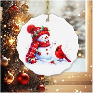 Ceramic Christmas Ornament Snowman Cardinal Red Scarf Winter Holiday Decor